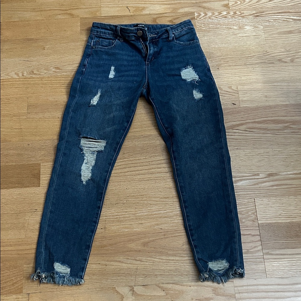 Aqua Dark Blue Distressed Boyfriend Jeans